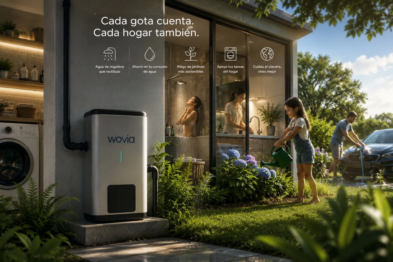 Sistema Wavia reutilizando agua de la ducha para tareas cotidianas del hogar