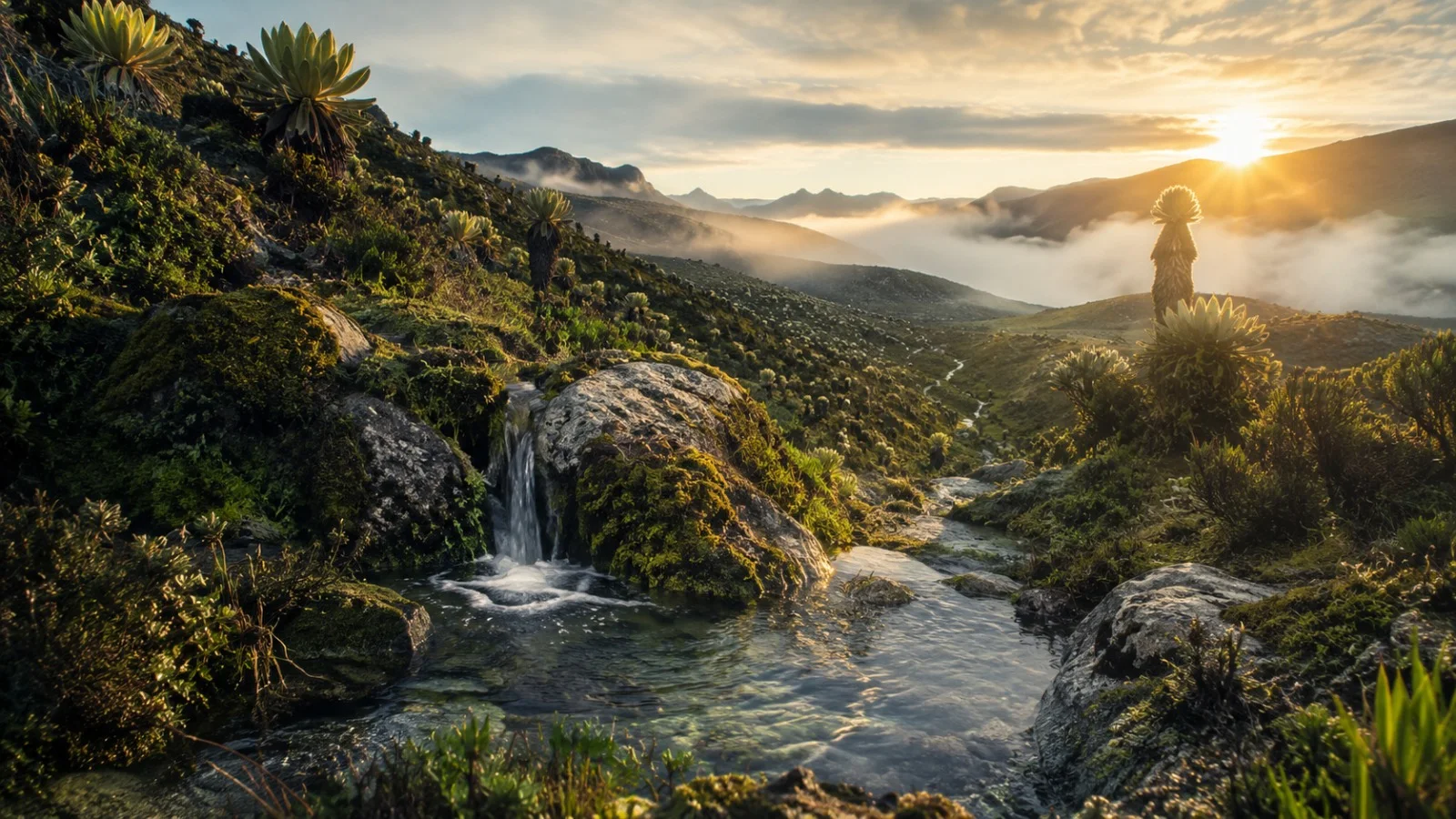 Agua recorriendo un paisaje montañoso al amanecer